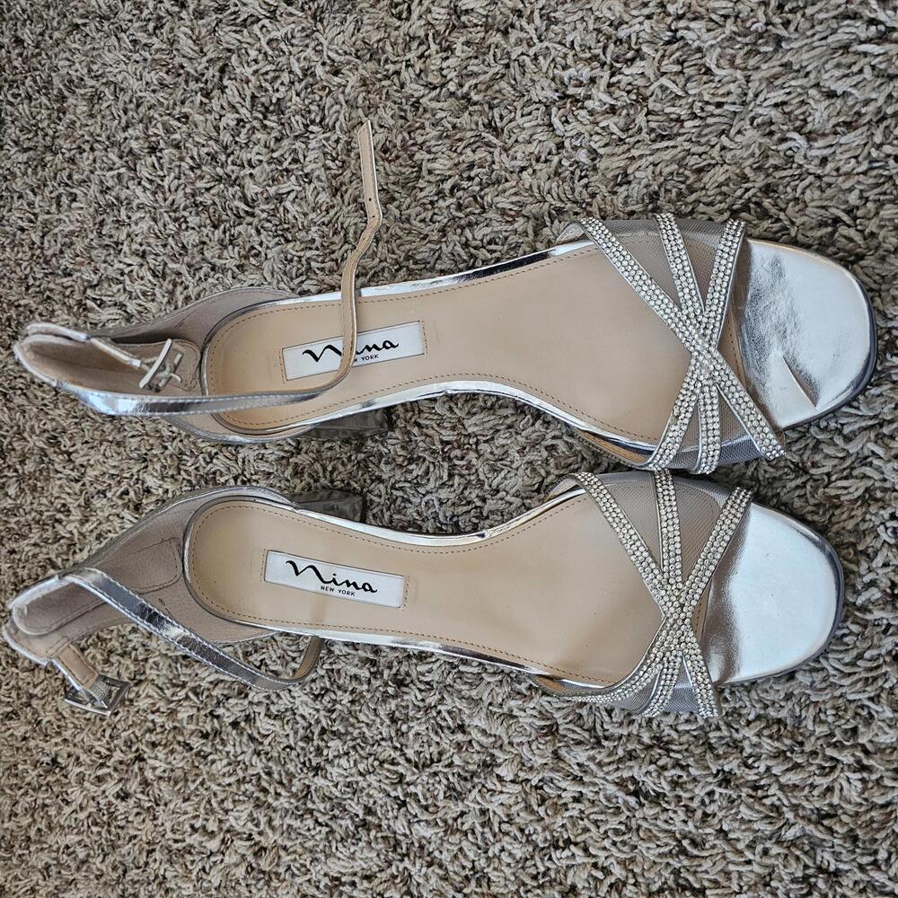 Nina Silver Strappy Rhinestone Ankle‎ Strap Sandals sz 9.5